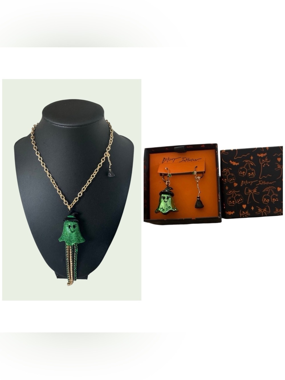 BETSEY JOHNSON SET Halloween Green Ghost Witch Broom Earrings & Necklace NEW NWT